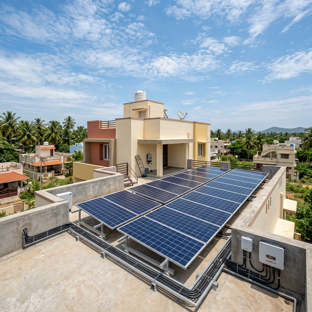 Residential rooftop solar panel installation in Tamil Nadu under bright sunlight