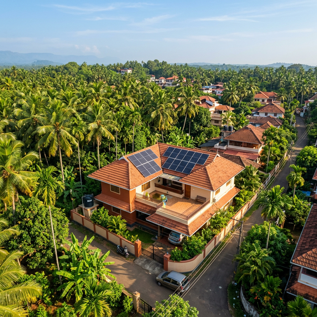 Aerial view of a South Indian residential house with solar panels on rooftop