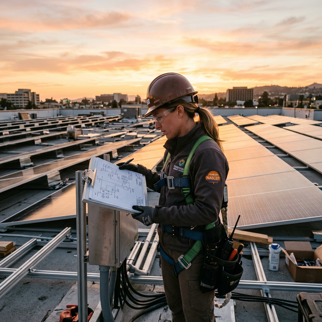 Solar technician reviewing electrical wiring diagrams at installation site