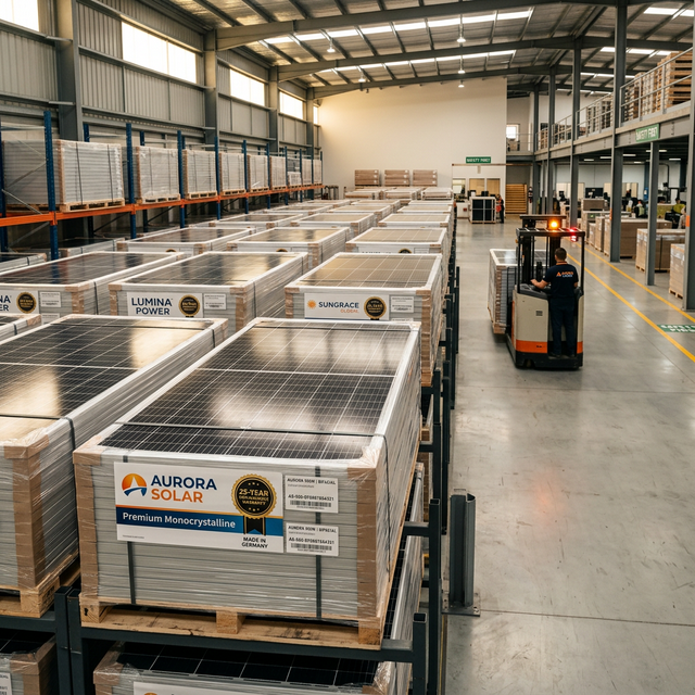 Premium solar panels with manufacturer branding and warranty labels